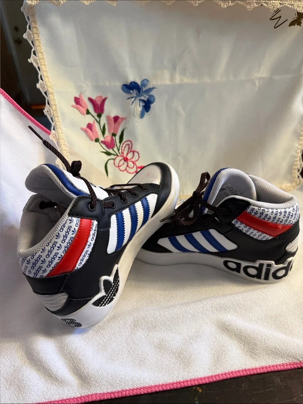 Adidas Kids Black White Blue Red High-Top Sneakers w Logo Stripe